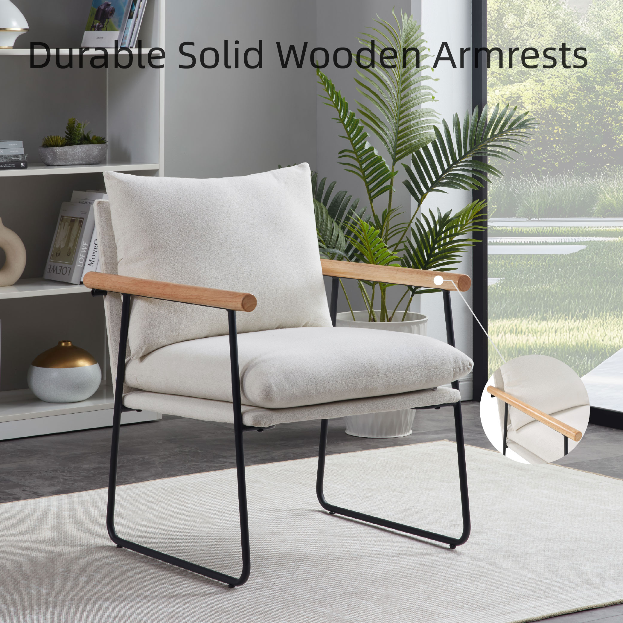 Modern Accent Chair, Comfy Chair With Removable Cushion, Vanity Chair With Wood Armrests For Living Room, Bedroom, White_voghion.com